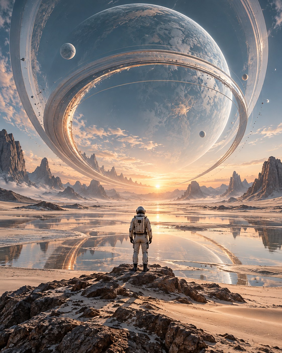 AI-generated explorer among planetary rings