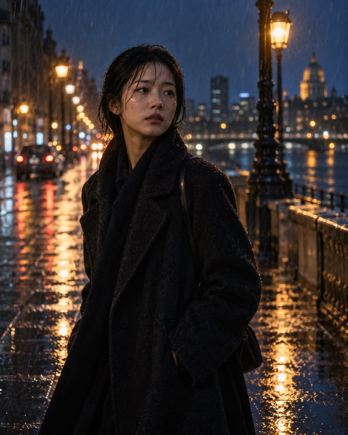 AI-generated cinematic portrait on a rainy night